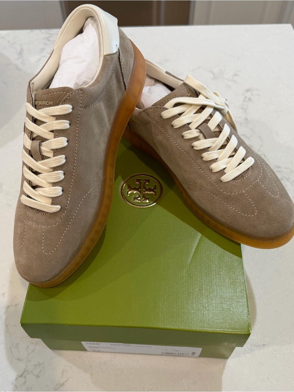 Tory Burch Taupe Suede Sneakers with White Laces and Gum Sole